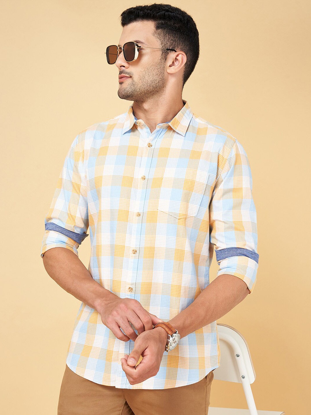 

BYFORD by Pantaloons Slim Fit Checked Casual Cotton Shirt, Blue