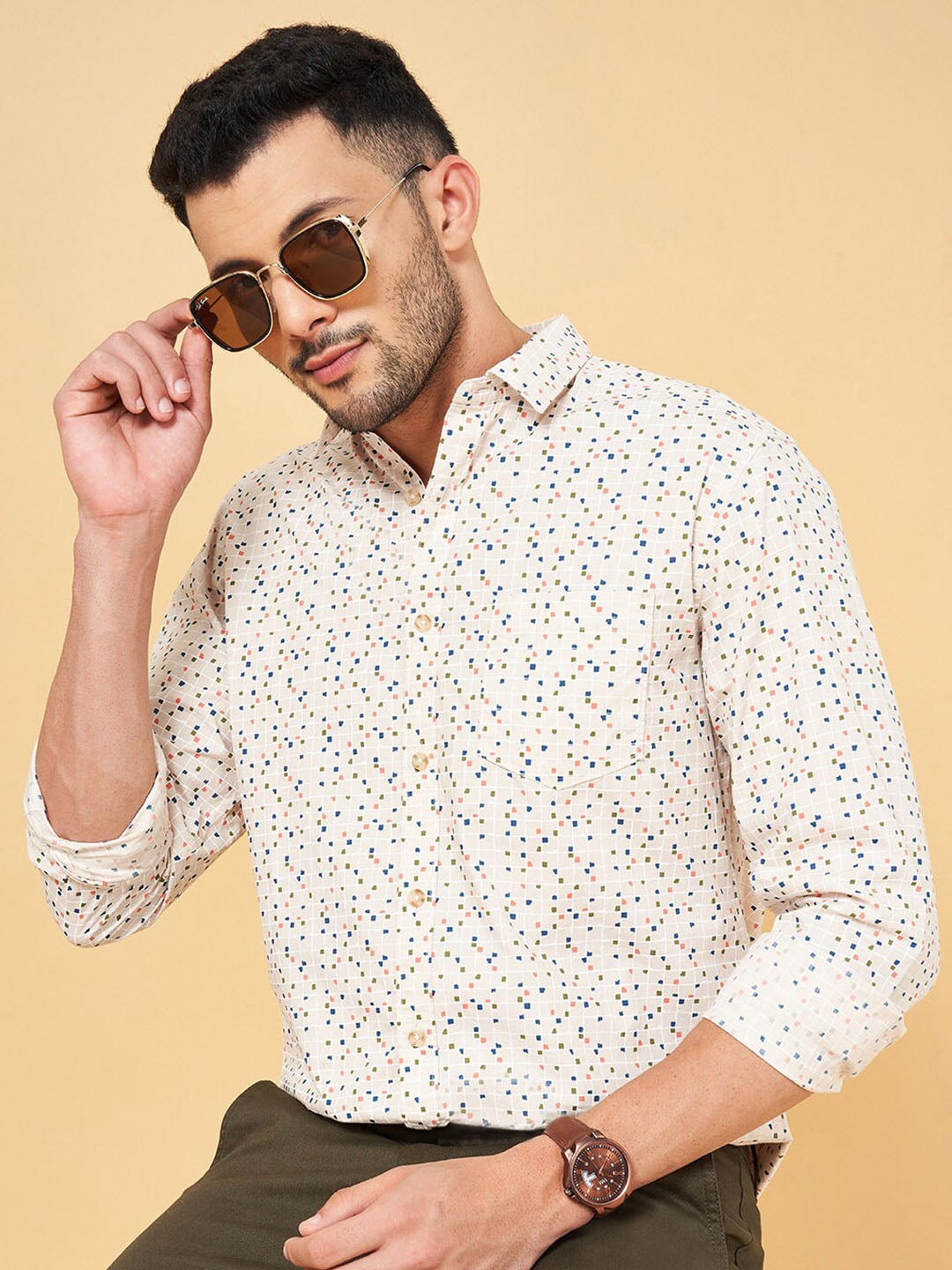 

BYFORD by Pantaloons Slim Fit Abstract Printed Casual Cotton Shirt, Off white