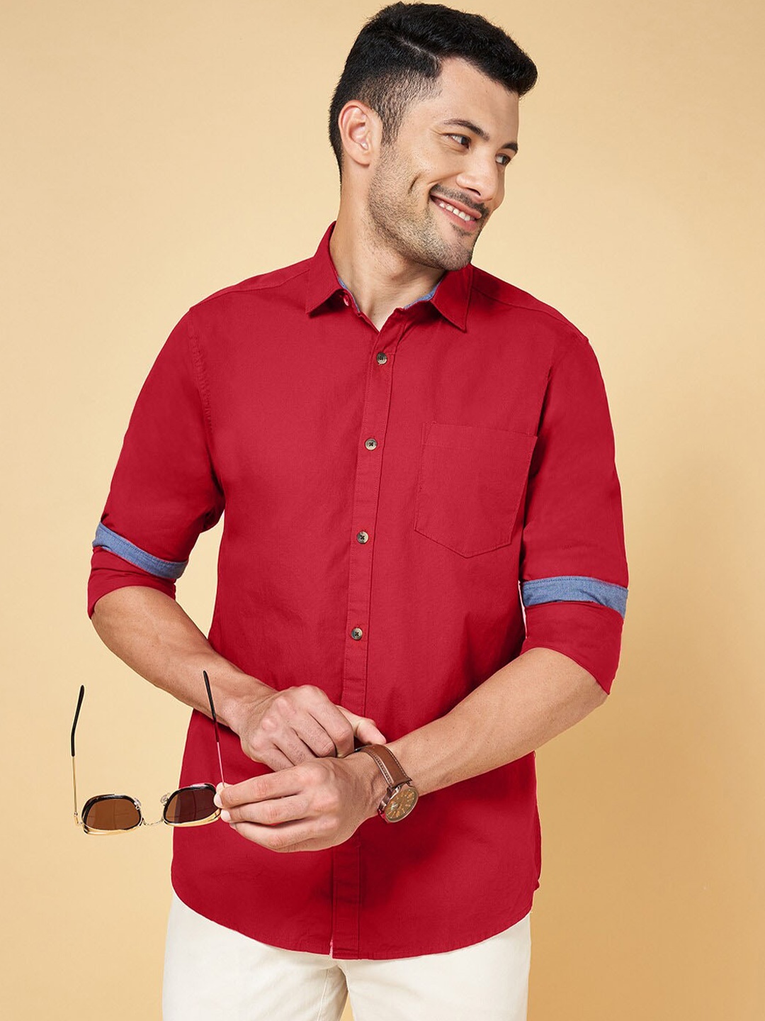 

BYFORD by Pantaloons Slim Fit Opaque Casual Cotton Shirt, Red