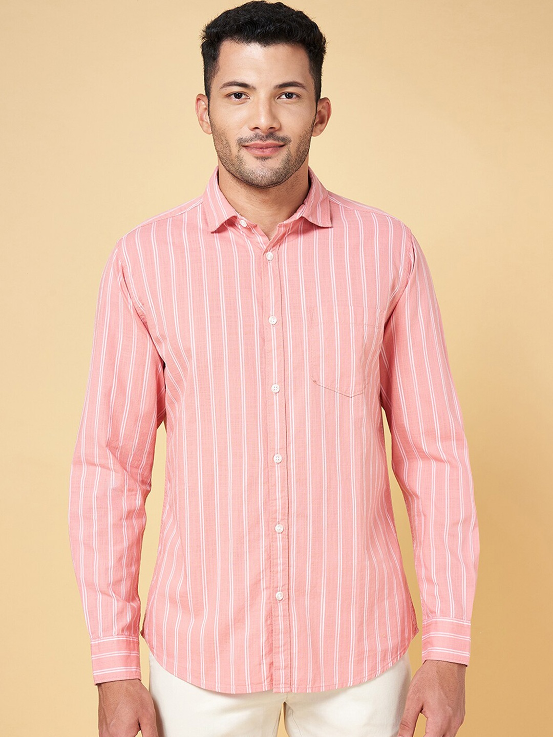 

BYFORD by Pantaloons Slim Fit Striped Casual Cotton Shirt, Coral