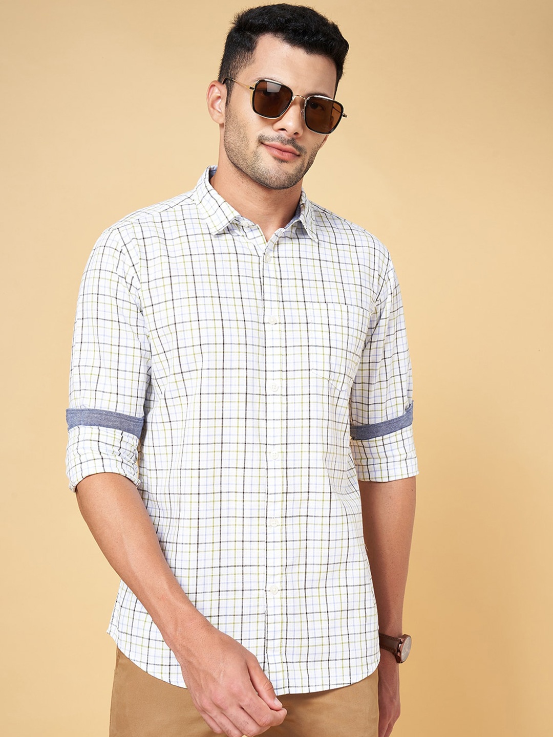 

BYFORD by Pantaloons Slim Fit Grid Tattersall Checked Casual Cotton Shirt, Off white