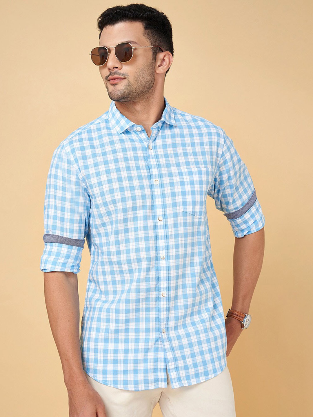 

BYFORD by Pantaloons Gingham Checked Slim Fit Casual Cotton Shirt, Blue