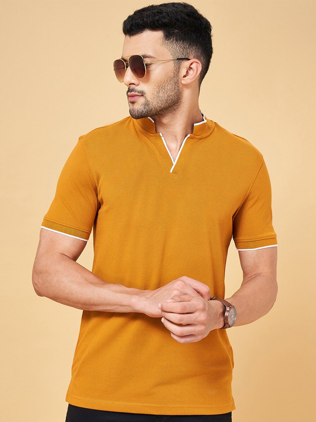 

BYFORD by Pantaloons Mandarin Collar Cotton Regular Fit T-shirt, Khaki