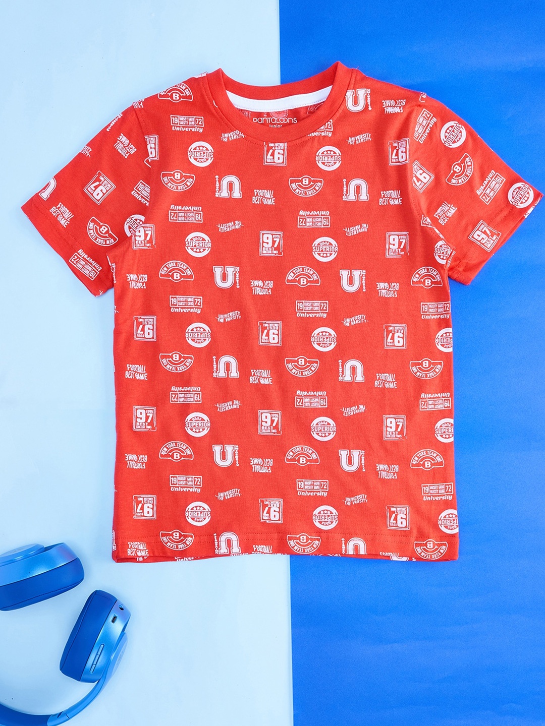 

Pantaloons Junior Boys Conversational Printed Casual Cotton T-shirt, Coral