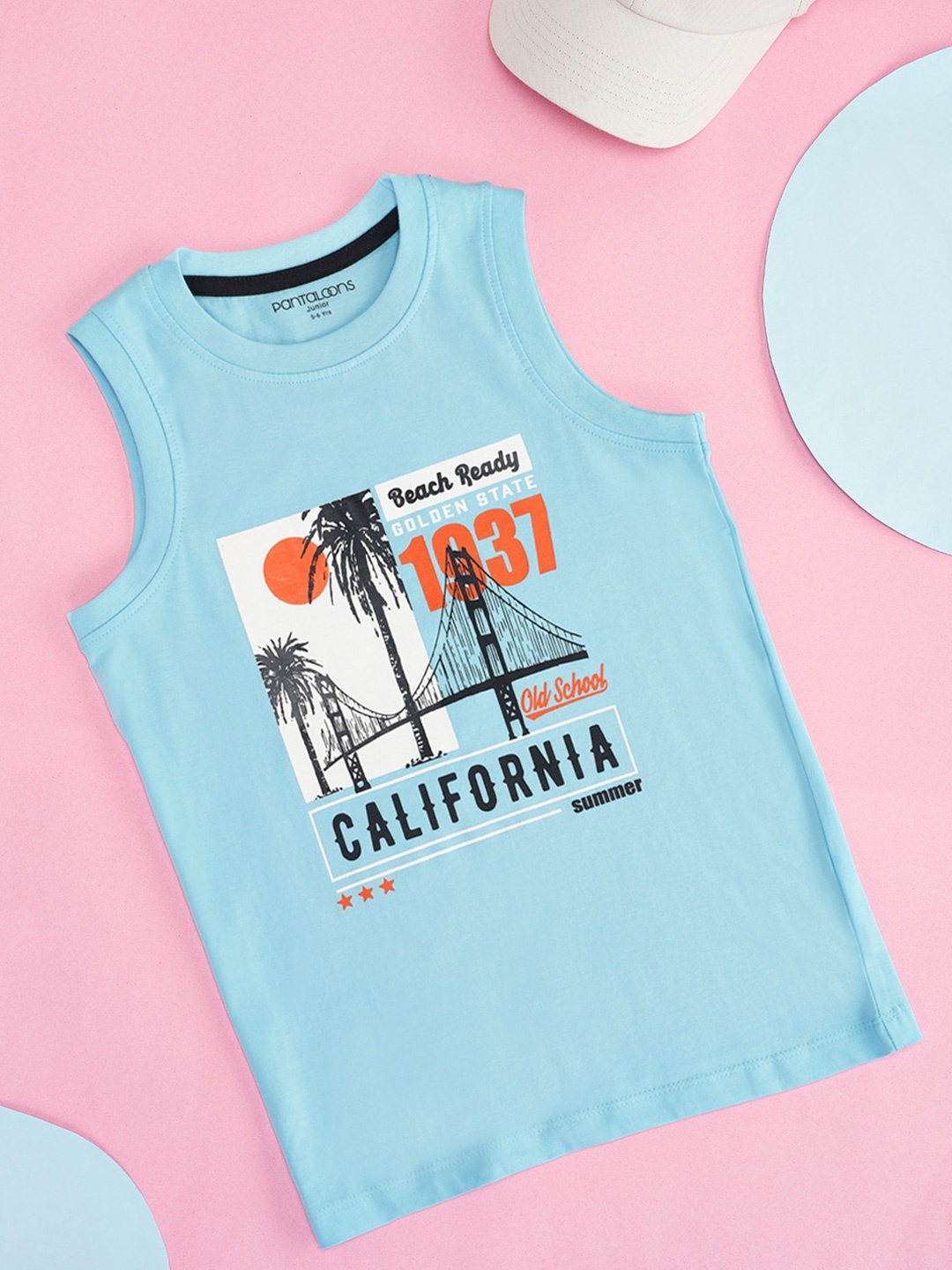 

Pantaloons Junior Boys Graphic Printed Sleeveless Casual Cotton T-shirt, Blue