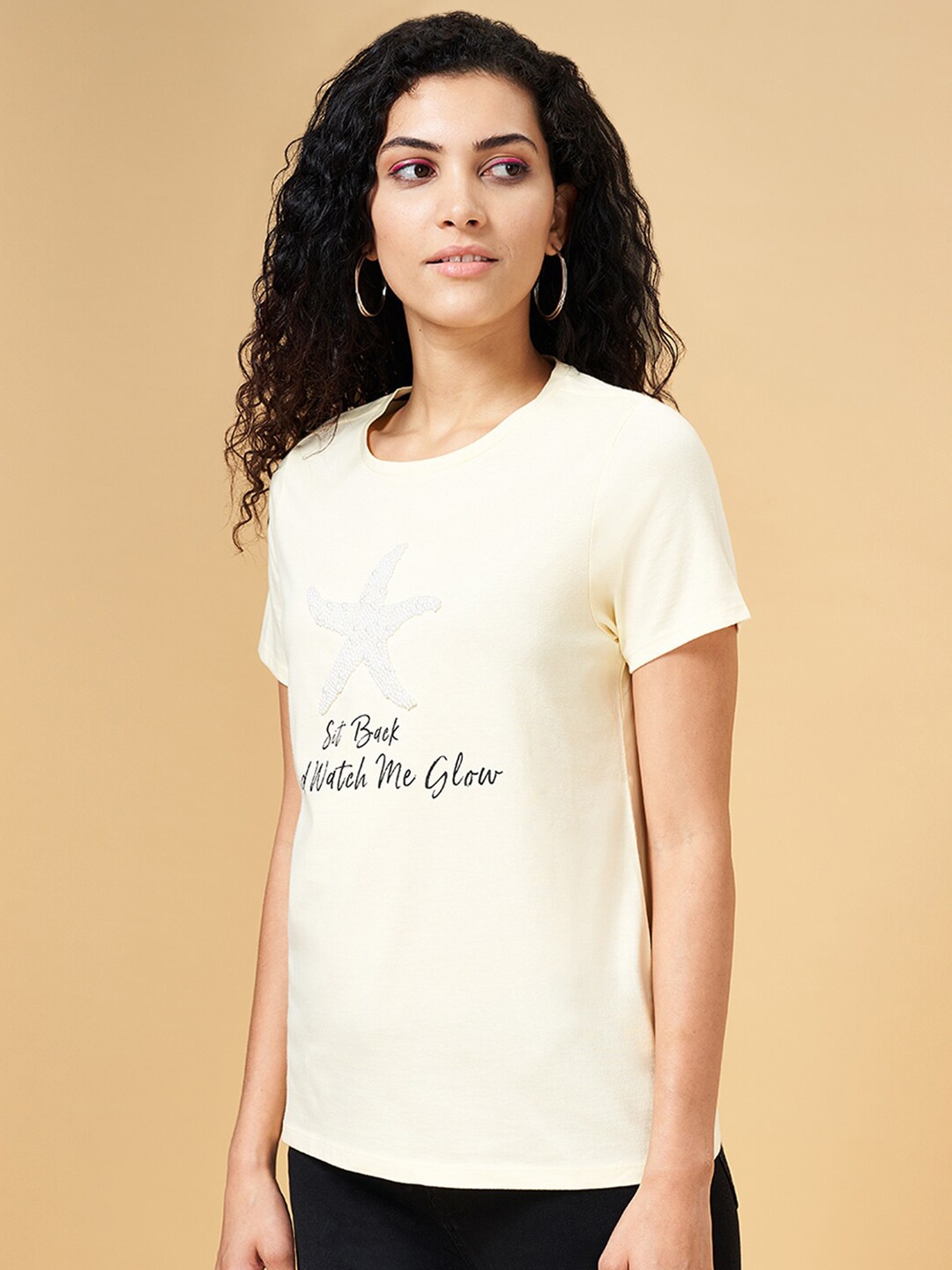 

People Cream-Coloured Typography Printed Cotton T-shirt