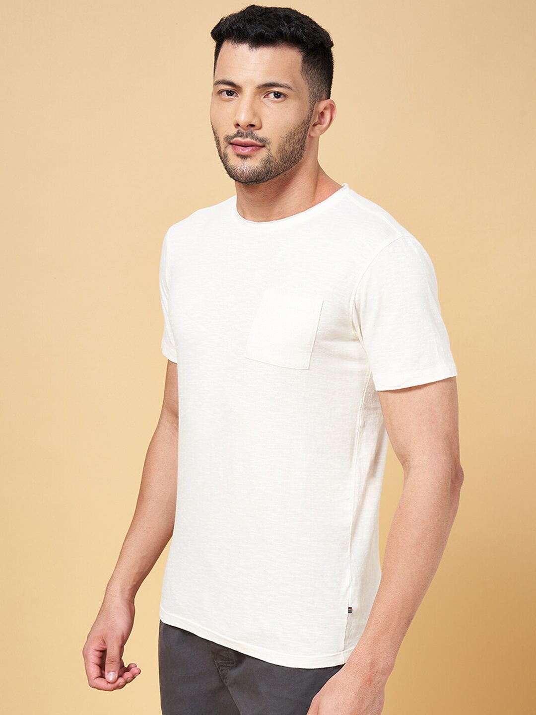 

Urban Ranger by pantaloons Round Neck Cotton Slim Fit T-shirt, Off white