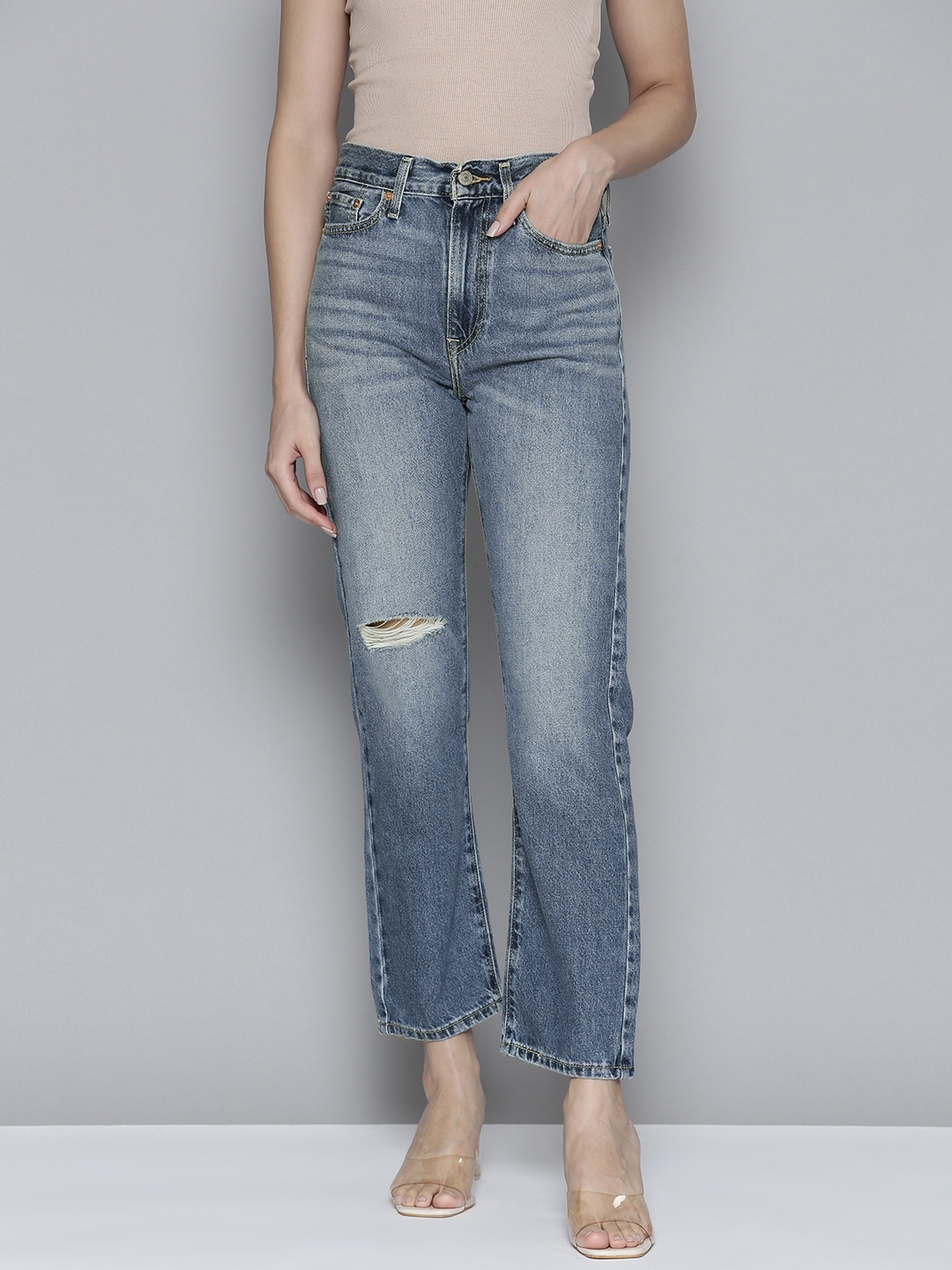 

Levis Women Straight Fit High-Rise Slash Knee Light Fade Jeans, Blue