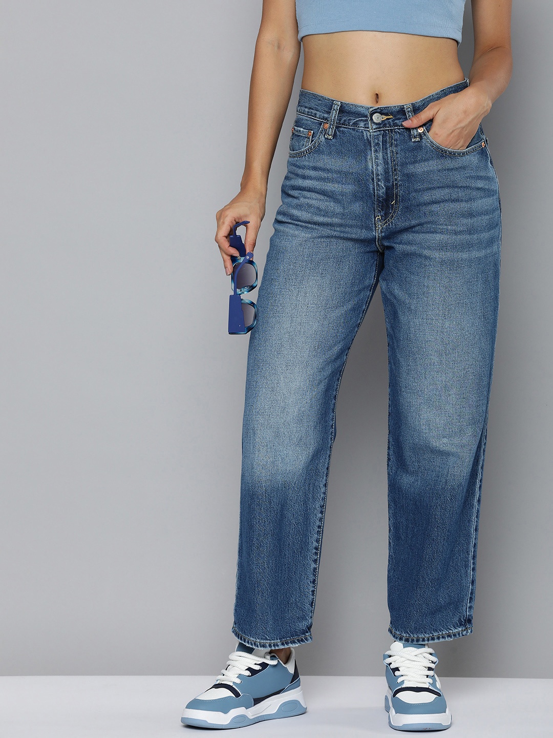 

Levis Women 94 Baggy Loose Straight Fit Heavy Fade Pure Cotton Jeans, Blue