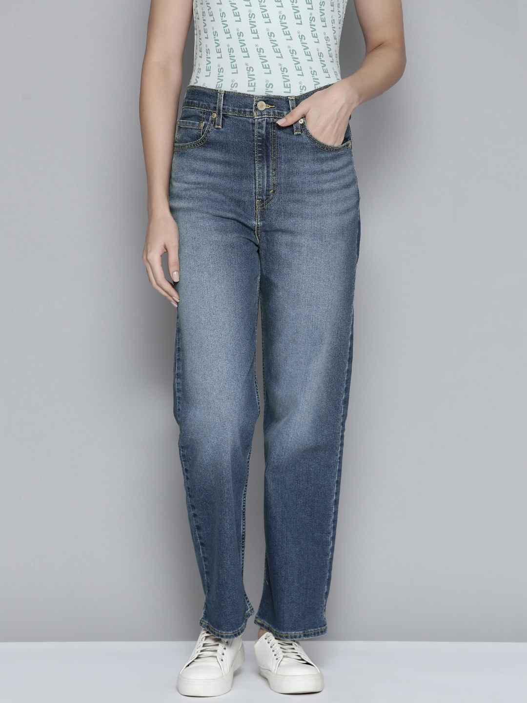 

Levis Women Straight Fit High-Rise Heavy Fade Stretchable Jeans, Blue