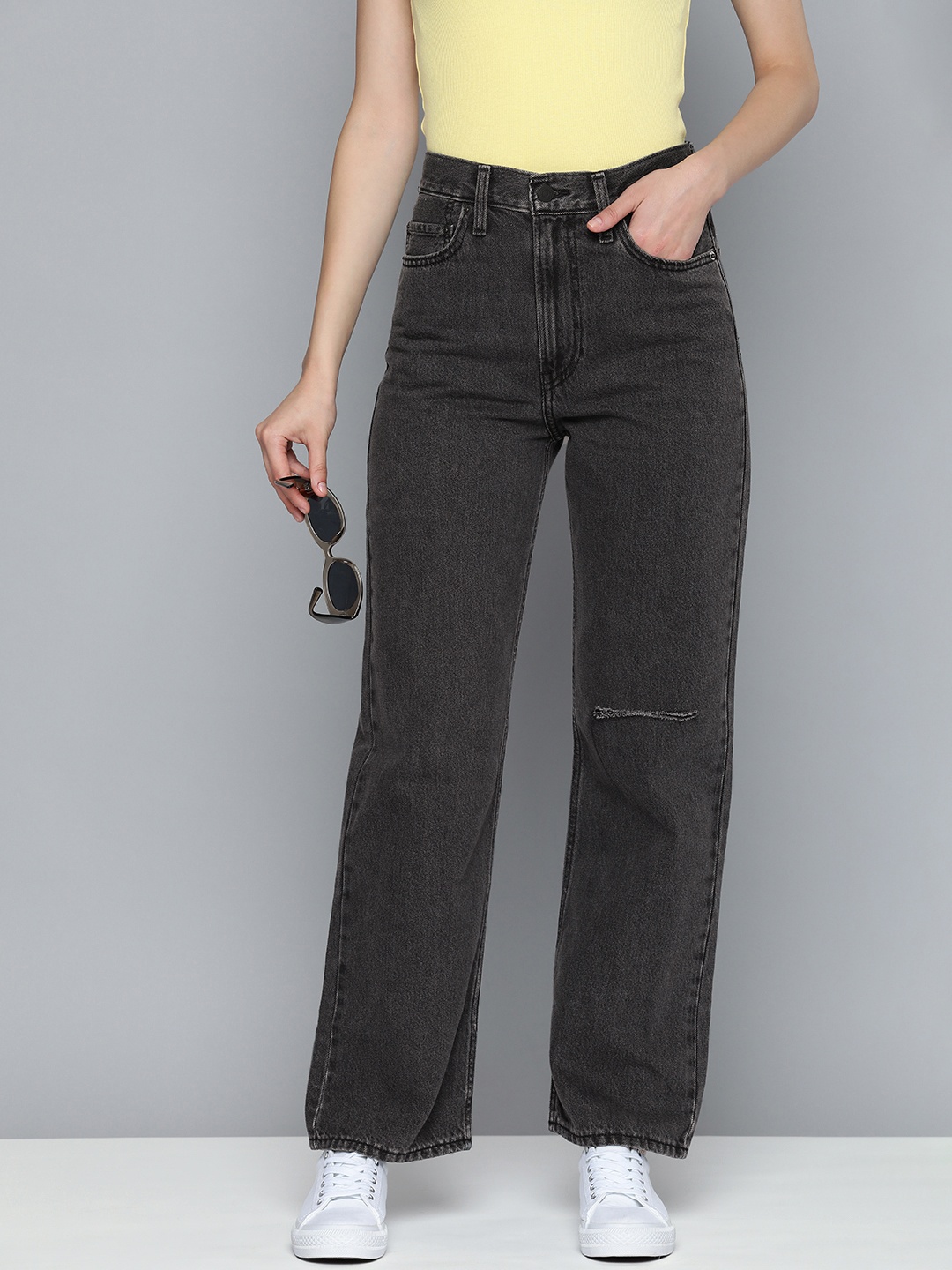 

Levis Women Slash Knee High Rise Ribcage Straight Fit Pure Cotton Jeans, Black