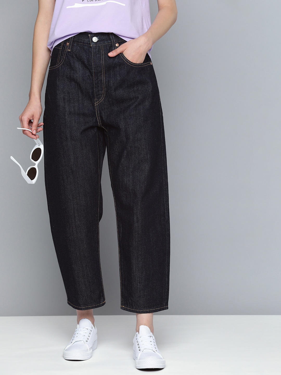 Levis Women Relaxed Fit High Rise Mij Barrel Loose Straight Fit Pure Cotton Jeans, Navy blue