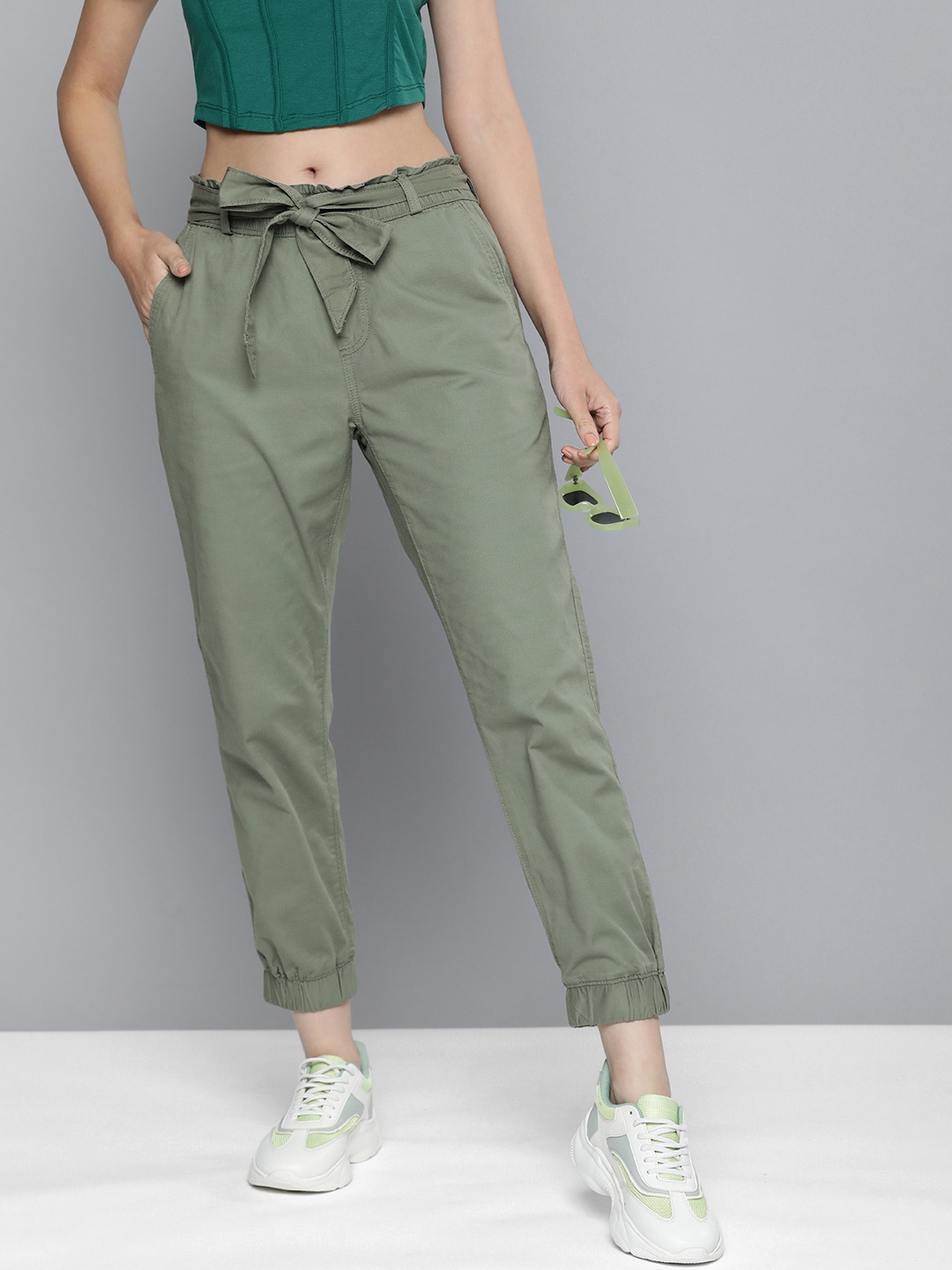 

Levis Women Loose Tapered Fit High-Rise Fabric Belted Joggers Trousers, Green