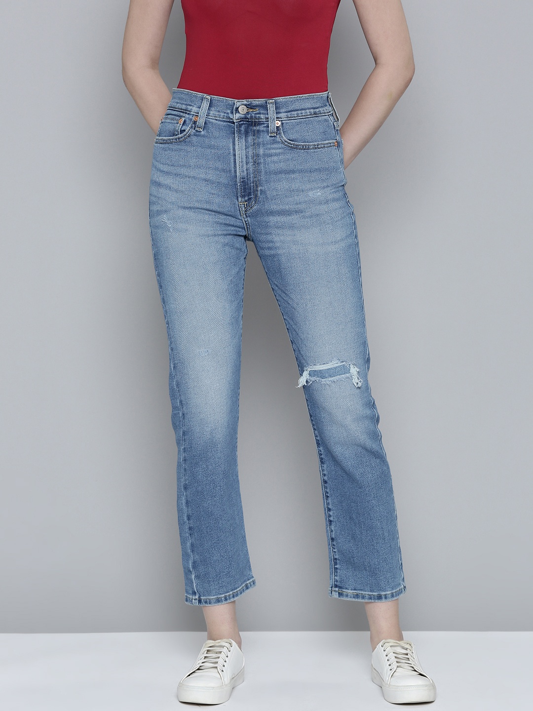 

Levis Women Straight Fit High-Rise Slash Knee Light Fade Stretchable Jeans, Blue