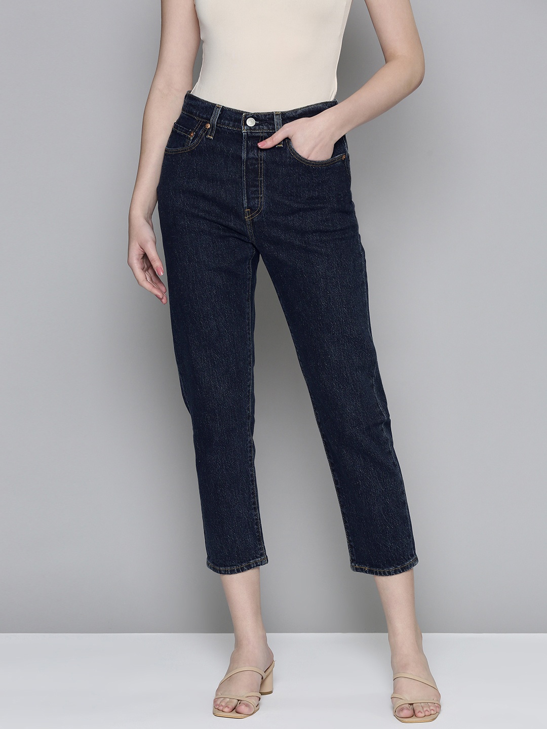 

Levis Women 501 Regular Fit High-Rise Crop Stretchable Jeans, Navy blue