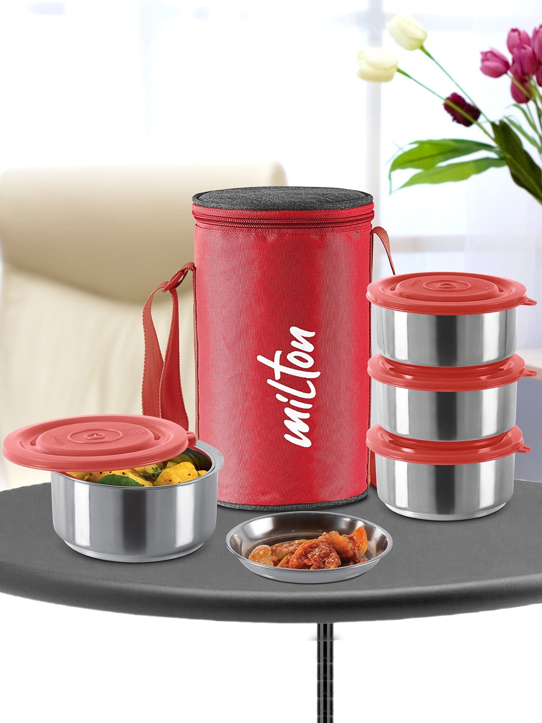 

Milton Ambition 4-Pieces Red Stainless Steel Tiffin Containers 300 ml Each With Jacket