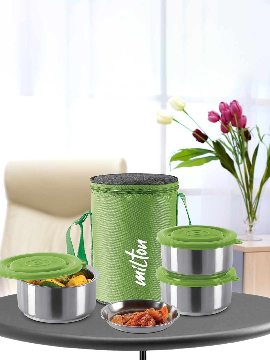 

Milton Ambition 3 Pieces Green Stainless Steel Tiffin Containers 300ml Each with Jacket