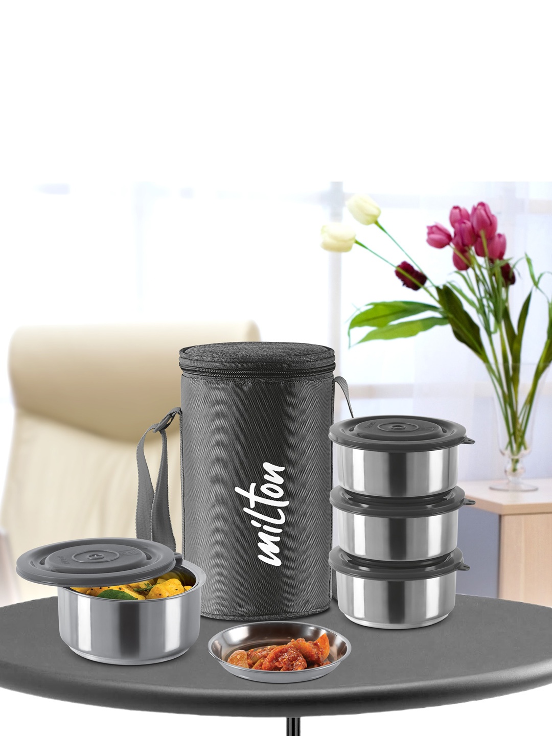 

Milton Ambition 4-Pieces Black Stainless Steel Tiffin Containers 300 ml Each With Jacket