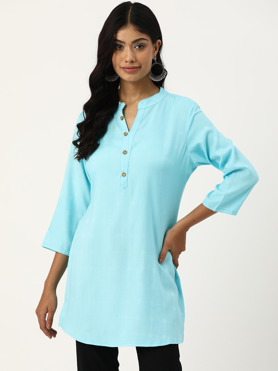 

DIVYANK Printed Mandarin Collar Kurti, Turquoise blue