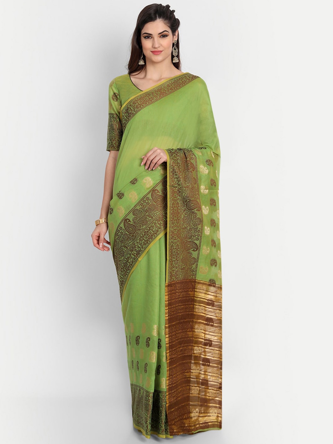 

BAPS Paisley Woven Design Zari Pure Cotton Kota Saree, Green