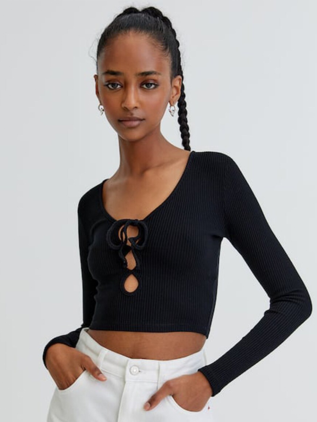 

Styched Tie-Up Neck Long Sleeves Cut-Out Fitted Crop Top, Black