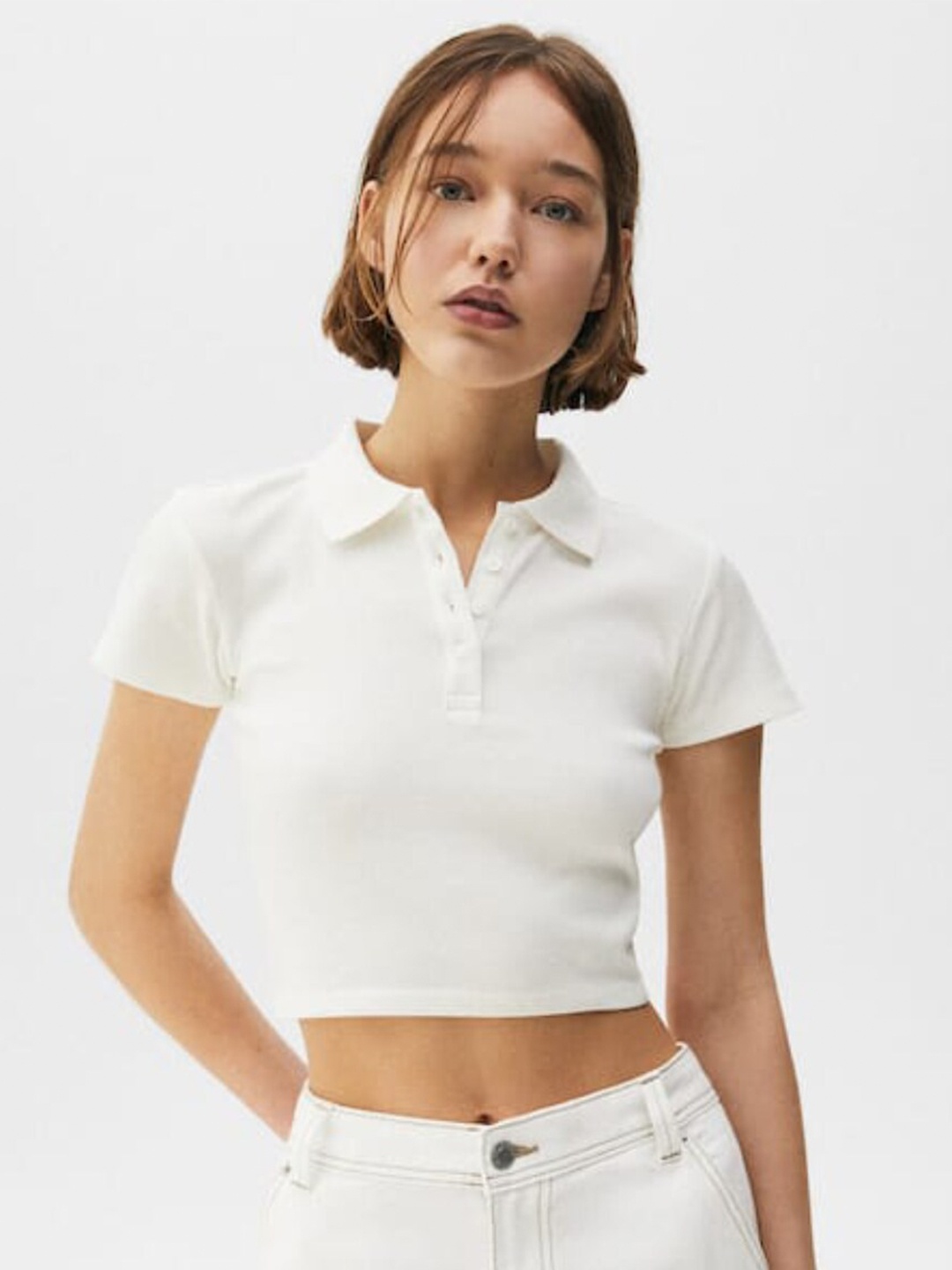 

Styched Shirt Style Crop Top, White