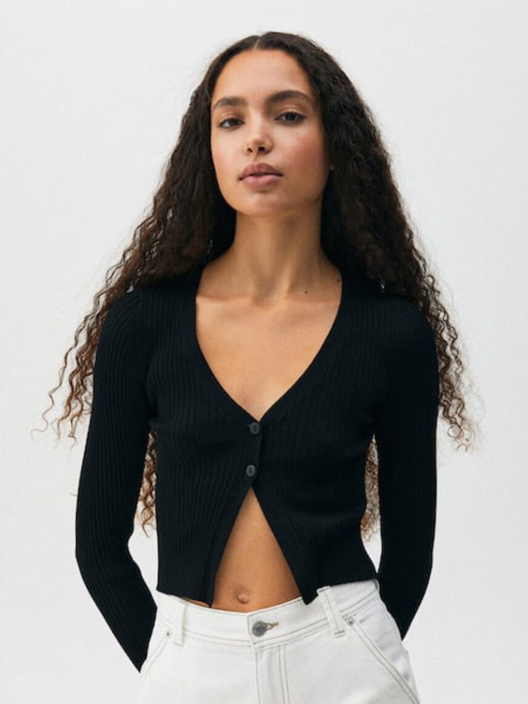 

Styched V-Neck Cotton Crop Top, Black