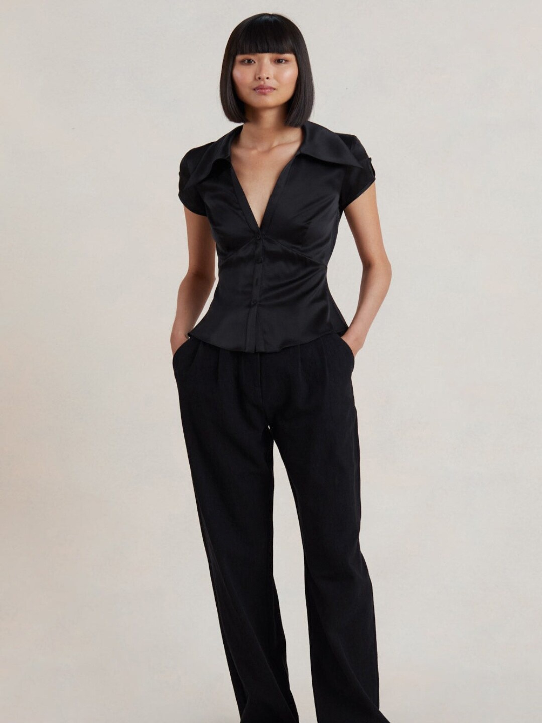 

Styched Shirt Collar Fitted Satin Top, Black