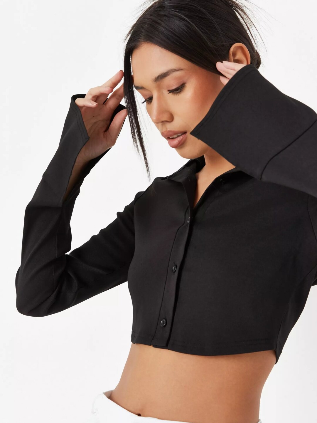 

Styched Spread Collar Crop Shirt, Black