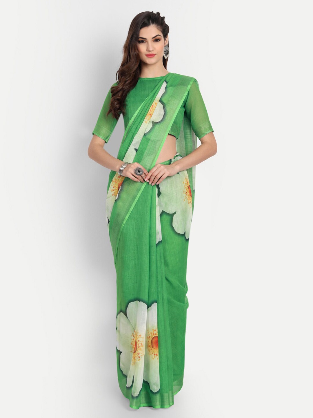 

BAPS Floral Printed Zari Pure Linen Saree, Green