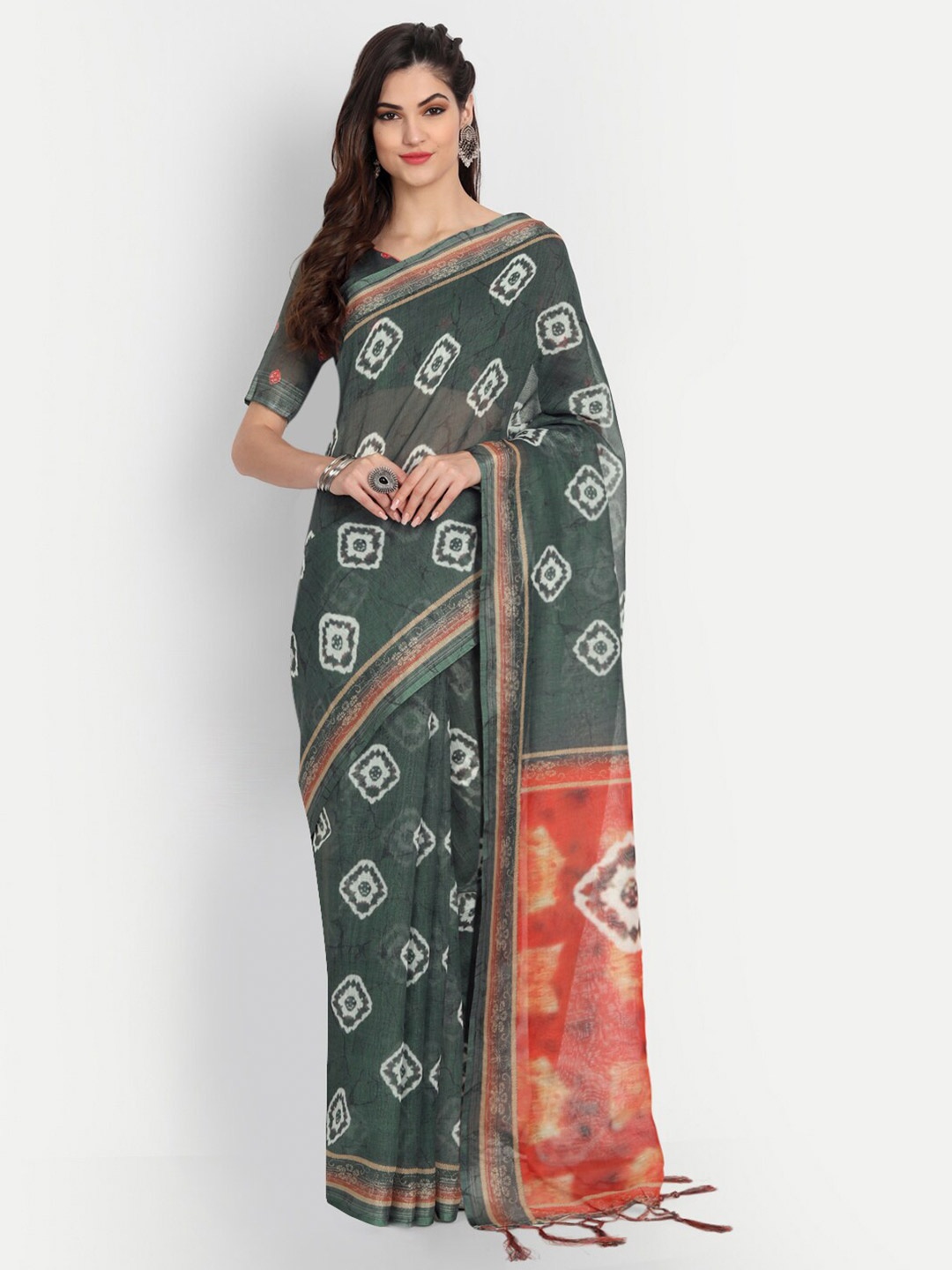 

BAPS Bandhani Printed Zari Pure Linen Saree, Olive