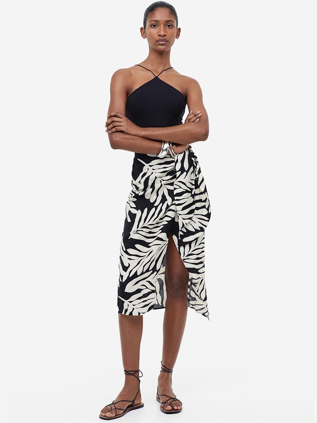 

H&M Linen-Blend Wrapover Skirt, Black