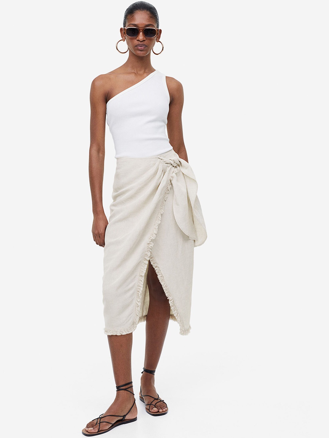 

H&M Linen-Blend Wrapover Skirt, Beige