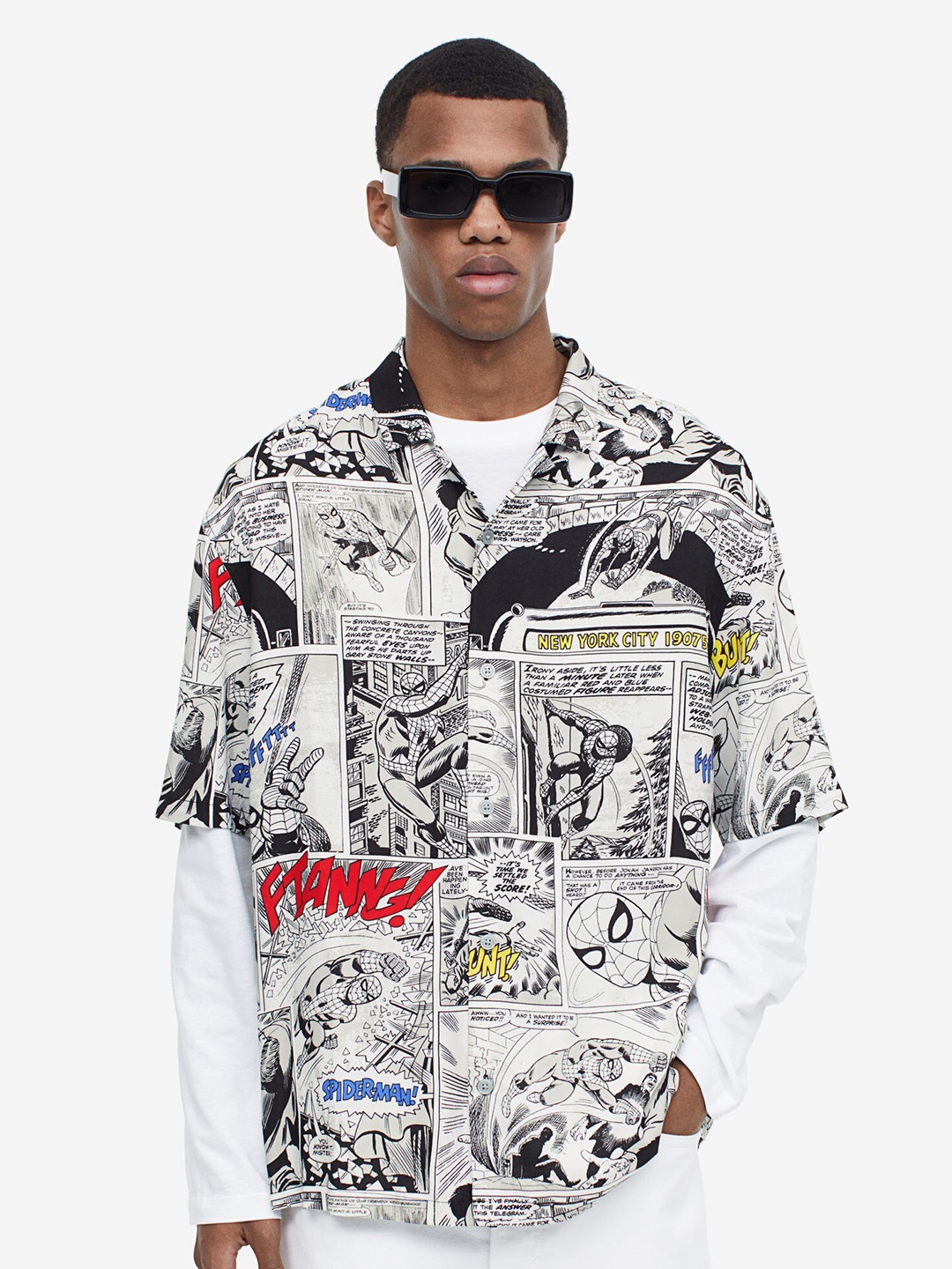 

H&M Relaxed Fit Patterned Resort Shirt, White