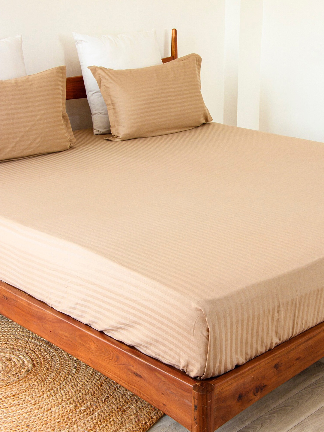 

HOMEMONDE Taupe Striped 300 TC Cotton Fitted Queen Bedsheet & 2 Pillow Covers