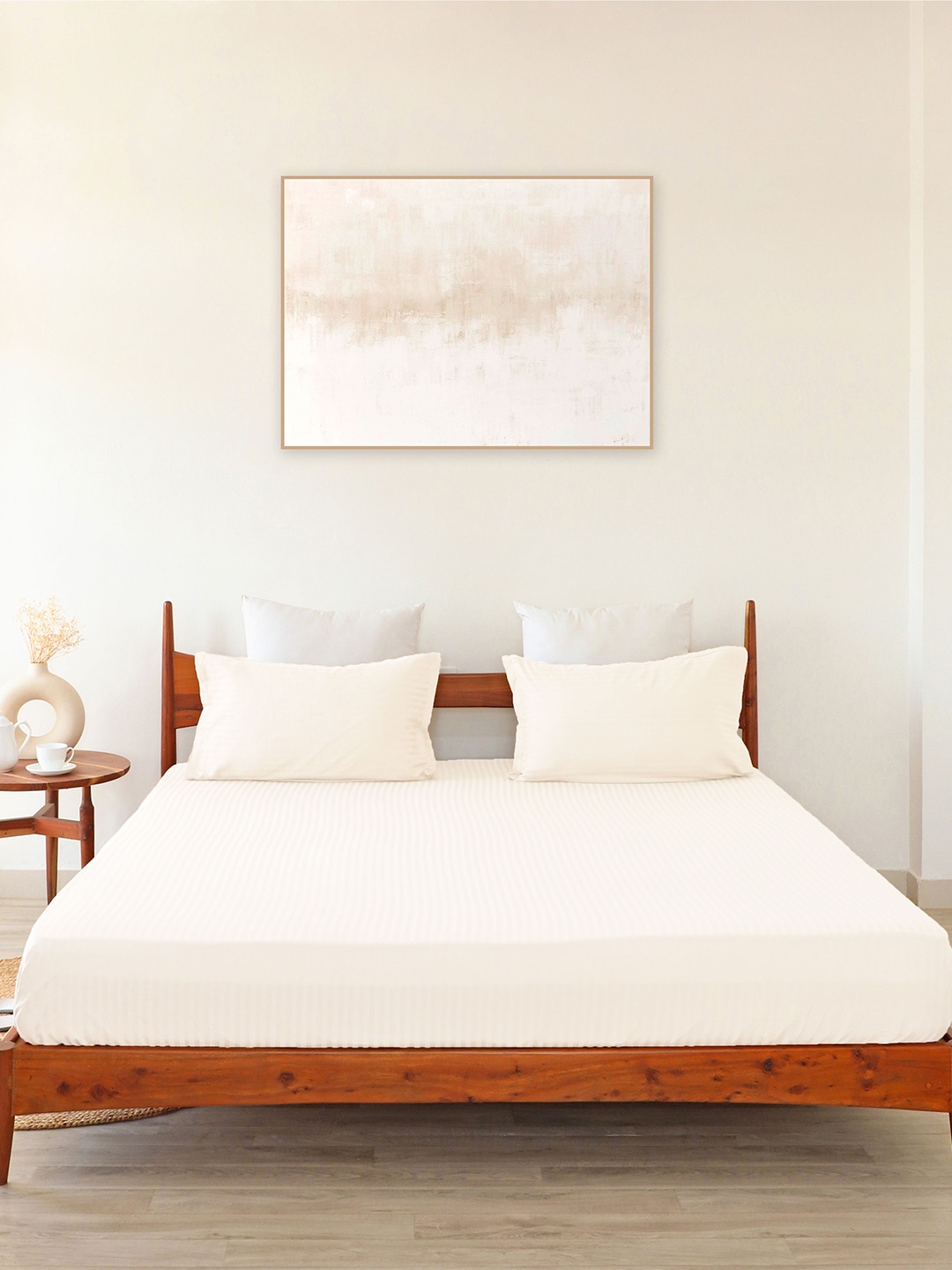 

HOMEMONDE White Striped 300 TC Cotton Fitted King Bedsheet & 2 Pillow Covers