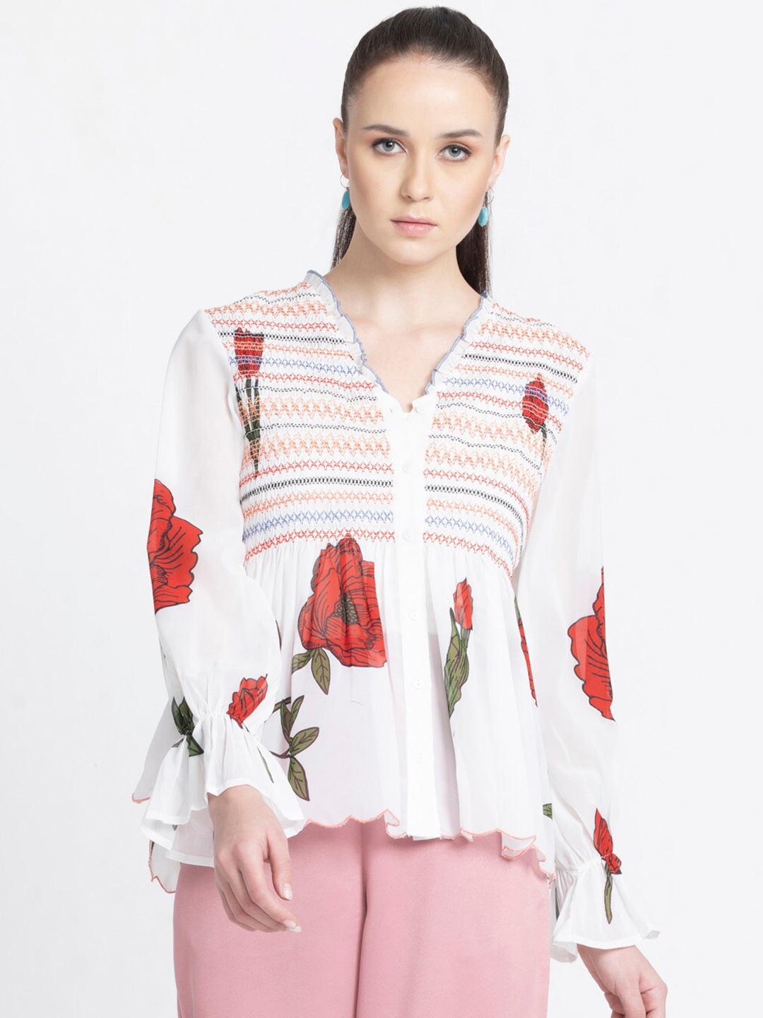 

SHAYE Floral Printed V-Neck Puff Sleeves Smocking peplum Top, White