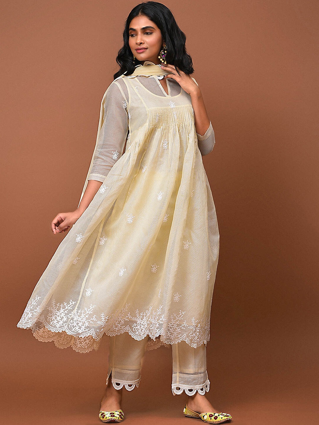 

NUHH Ethnic Motifs Embroidered Empire Pure Cotton Kurta with Trousers & Dupatta, Cream
