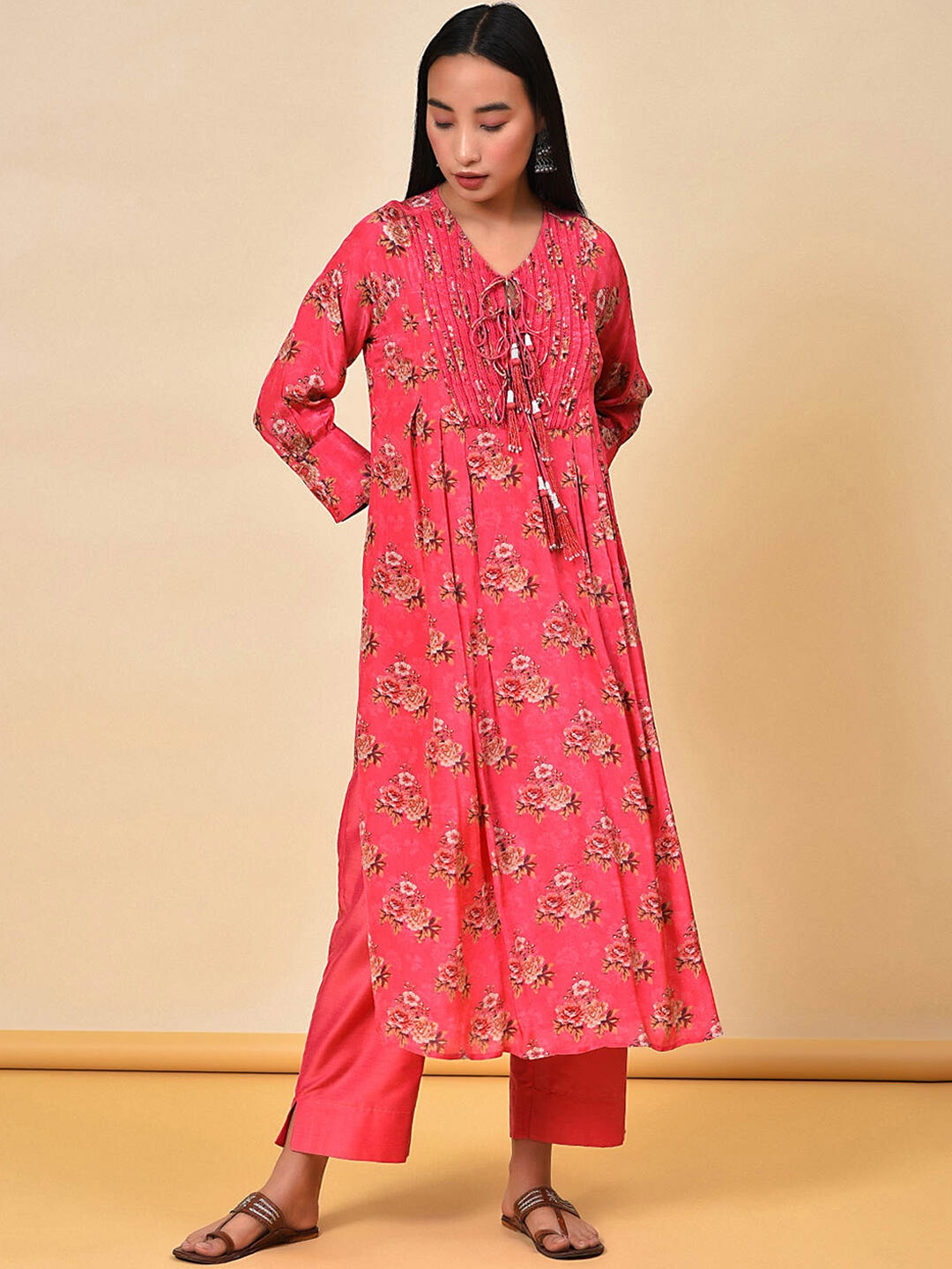 

NUHH Floral Printed Empire Pure Cotton Kurti with Trousers, Pink