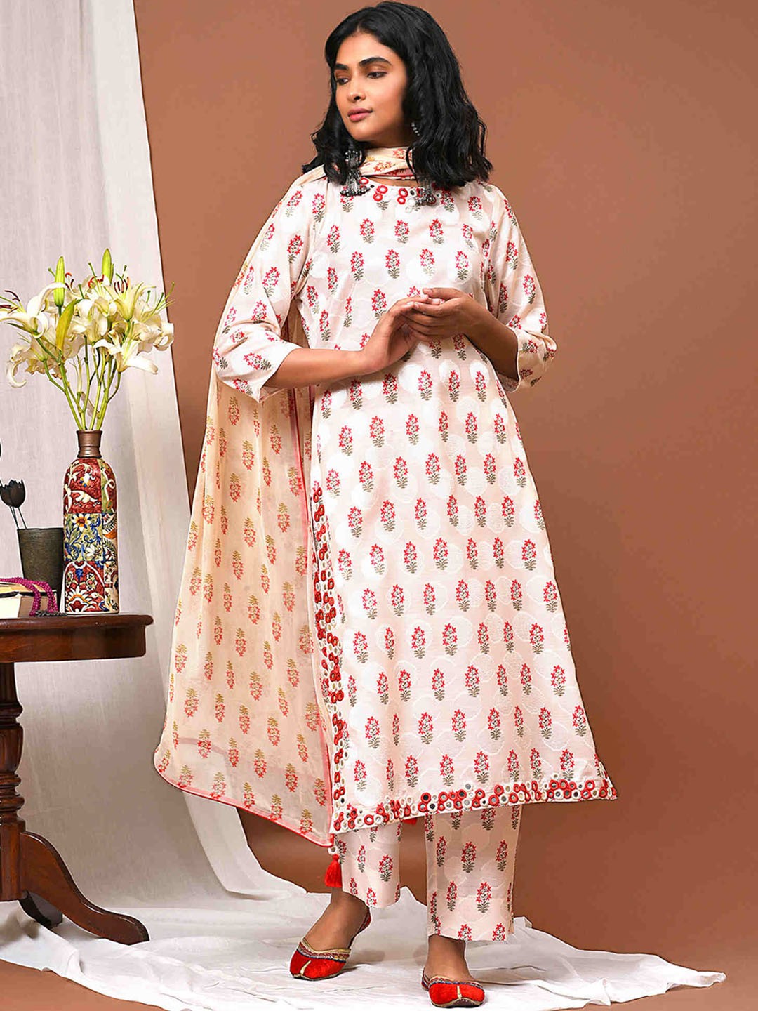 

NUHH Ethnic Motifs Printed Regular Thread Work Raw Silk Kurta with Trousers & Dupatta, Beige