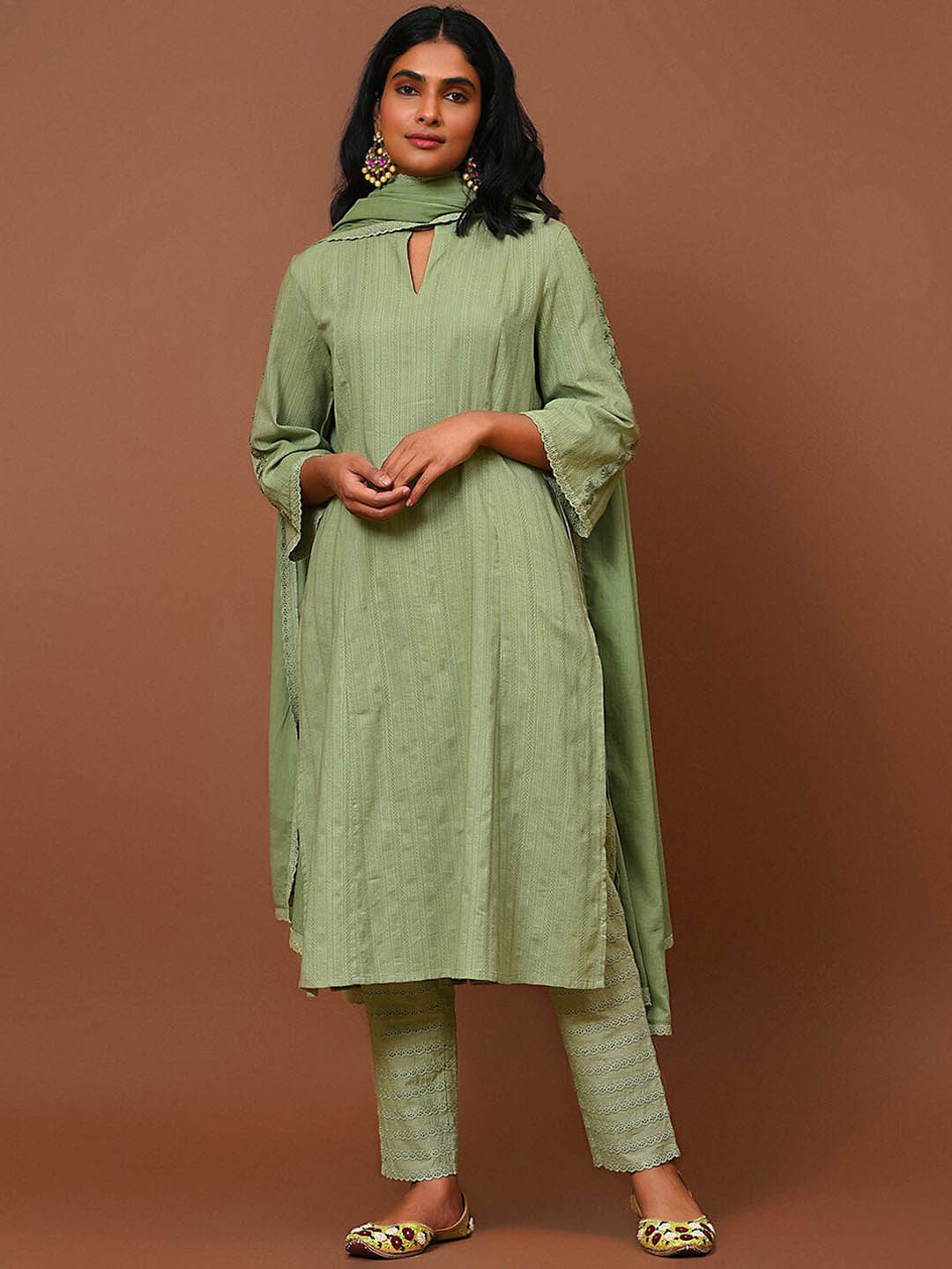 

NUHH Floral Embroidered Thread Work Pure Cotton Kurta with Trousers & Dupatta, Green