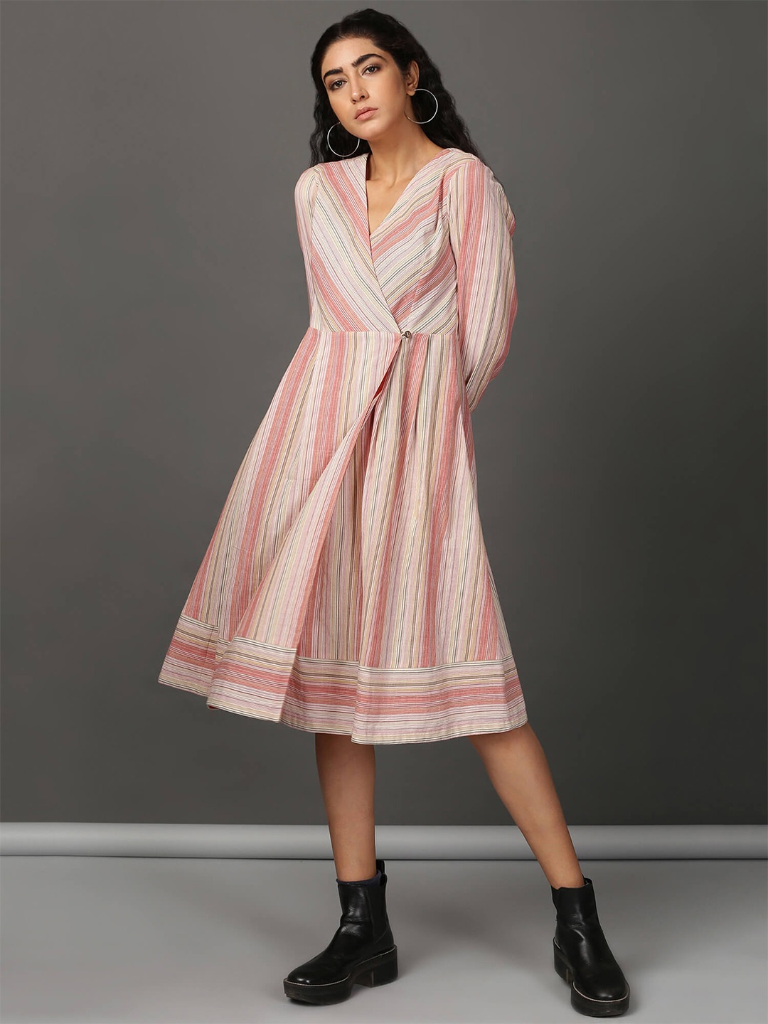 

NUHH V-Neck Striped Pure Cotton Wrap Dress, Coral