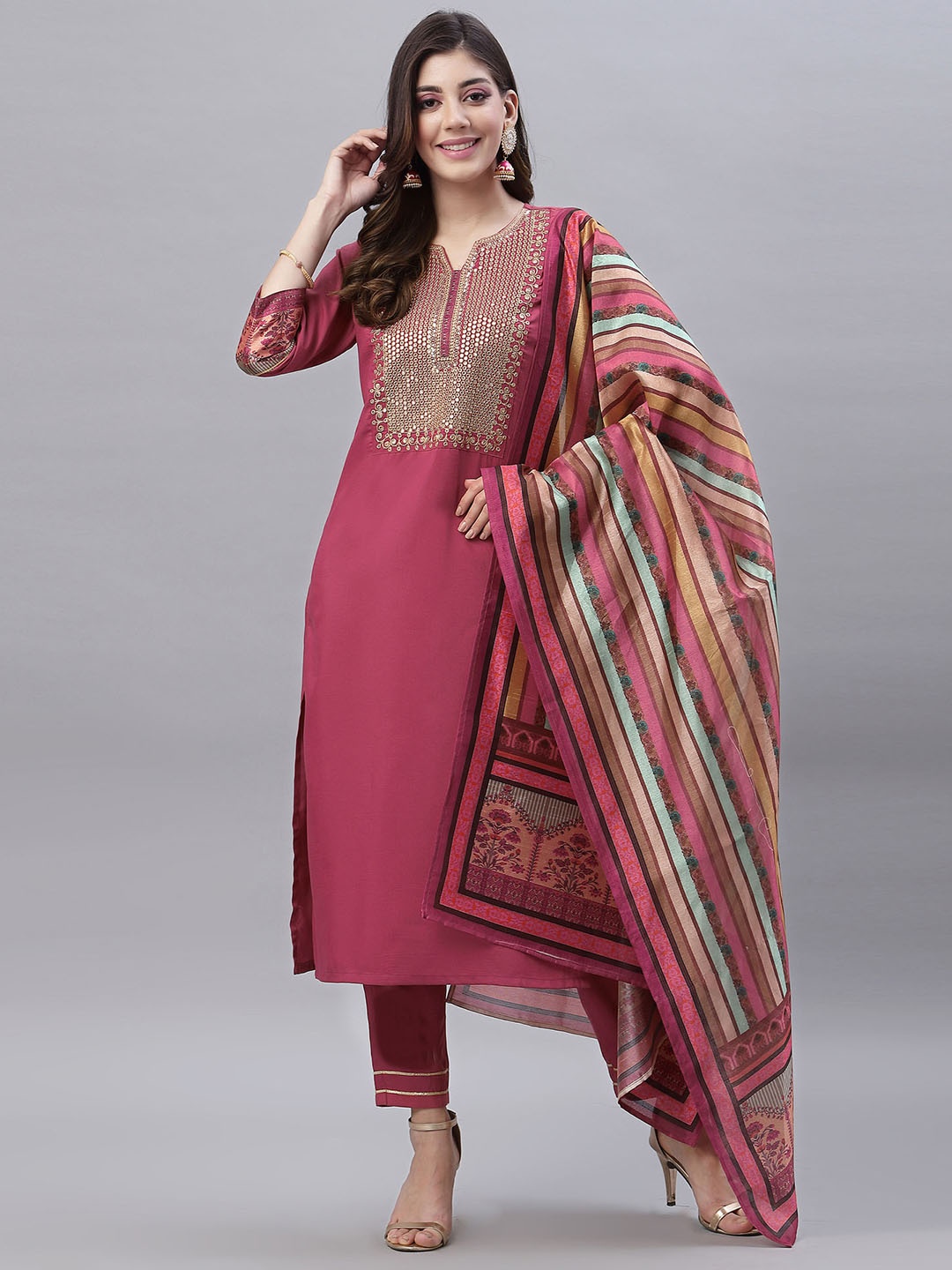 

KALINI Ethnic Motifs Yoke Design Sequinned Kurta With Trousers & Dupatta, Pink