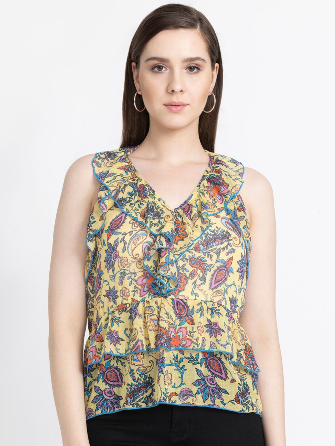 

SHAYE Floral Printed Ruffles Cotton Regular Top, Yellow