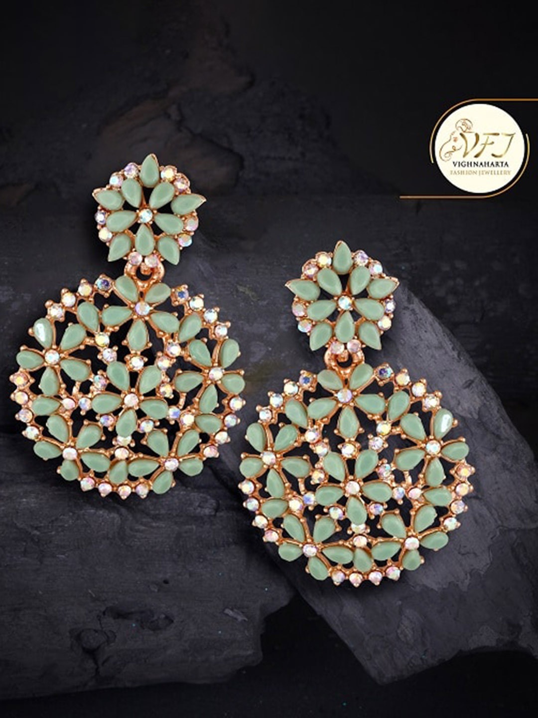 

Vighnaharta Gold Plated Floral CZ Studded Drop Earrings