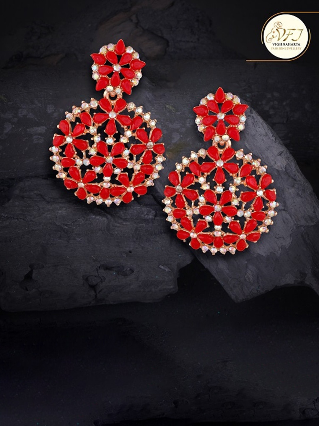 

Vighnaharta Gold Plated Floral CZ Studded Drop Earrings