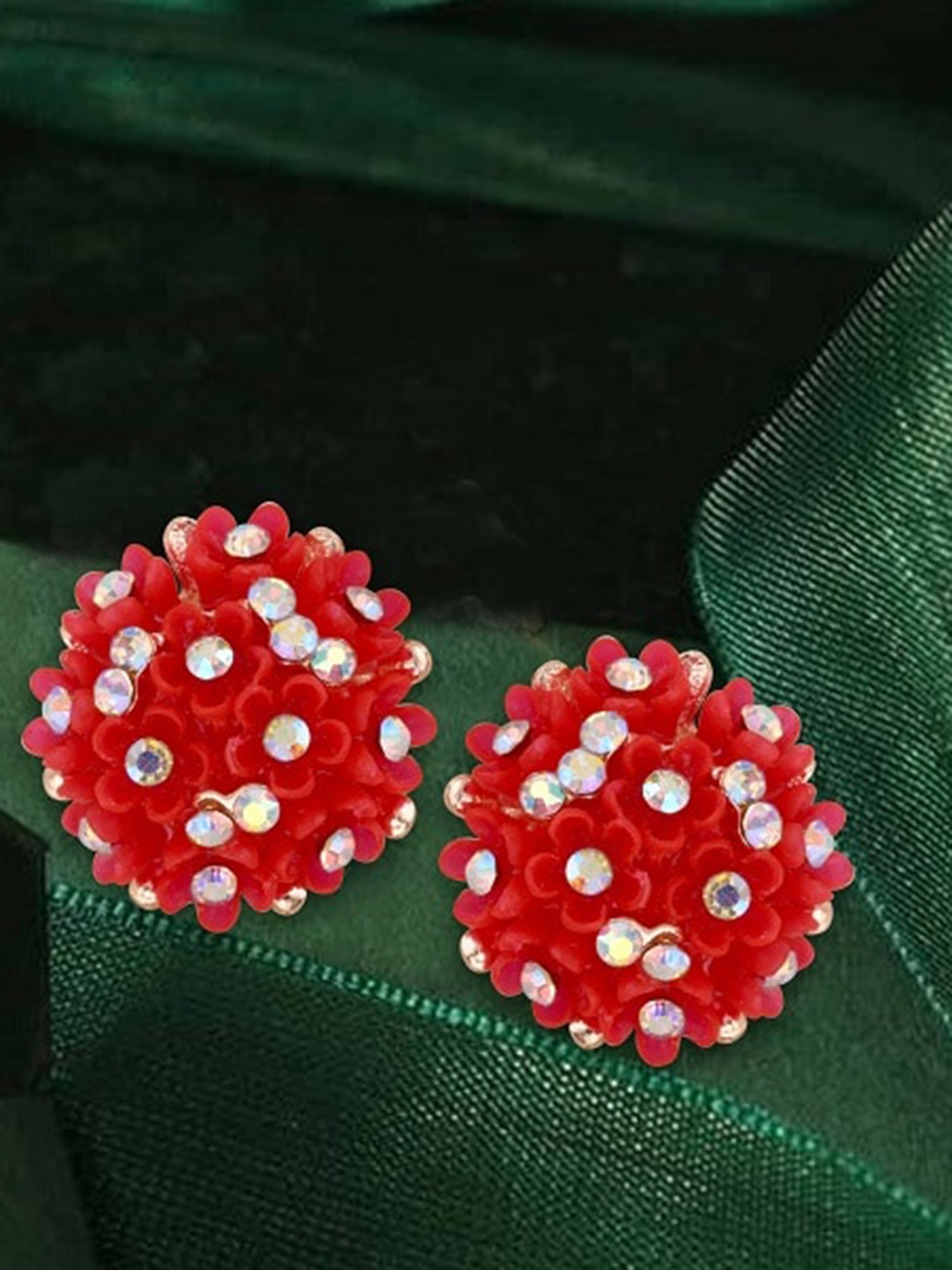 

Vighnaharta Gold-Plated Cubic Zirconia Floral Studs Earrings, Red