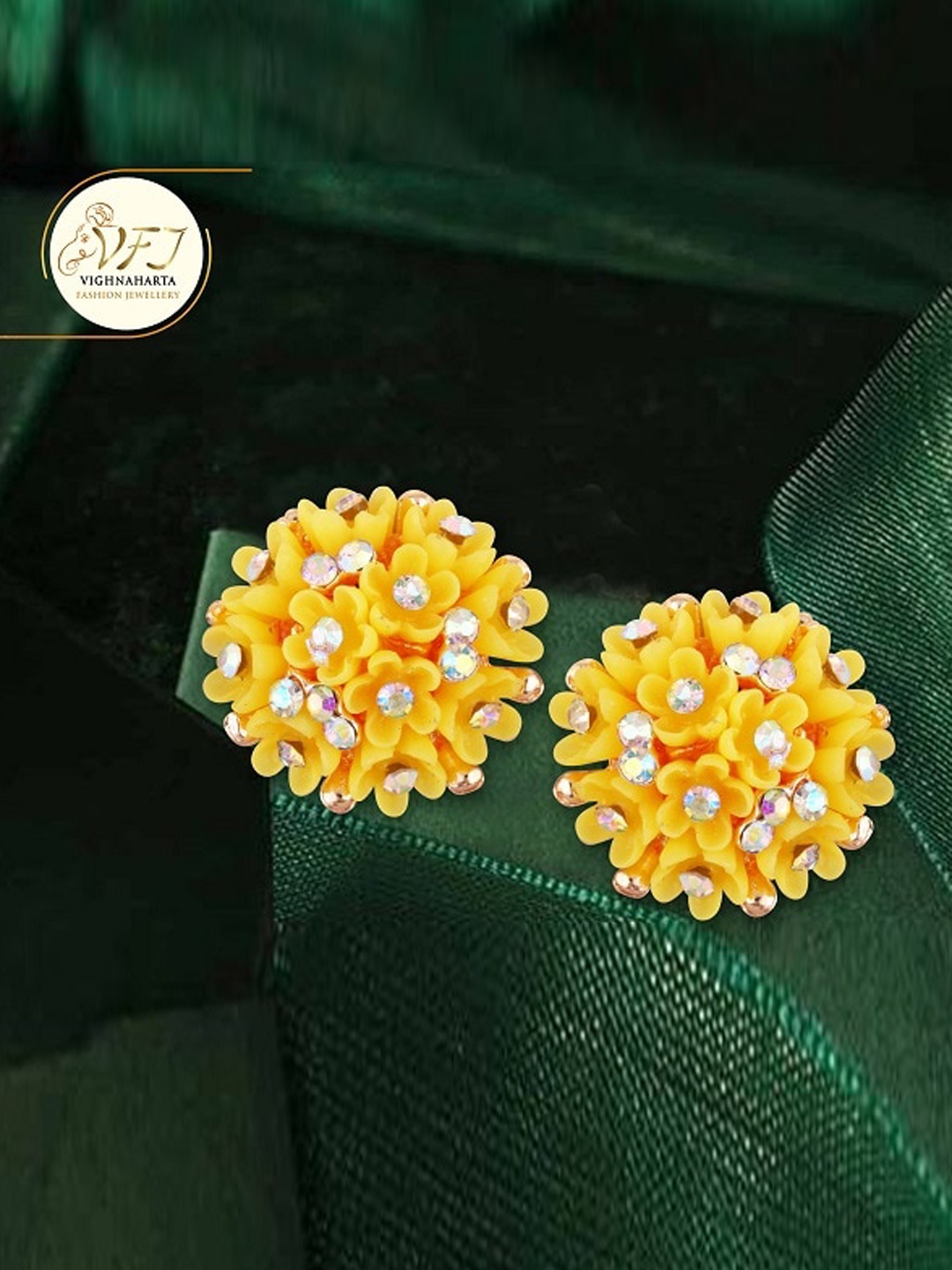 

Vighnaharta Gold-Plated Cubic Zirconia Floral Studs Earrings, Yellow