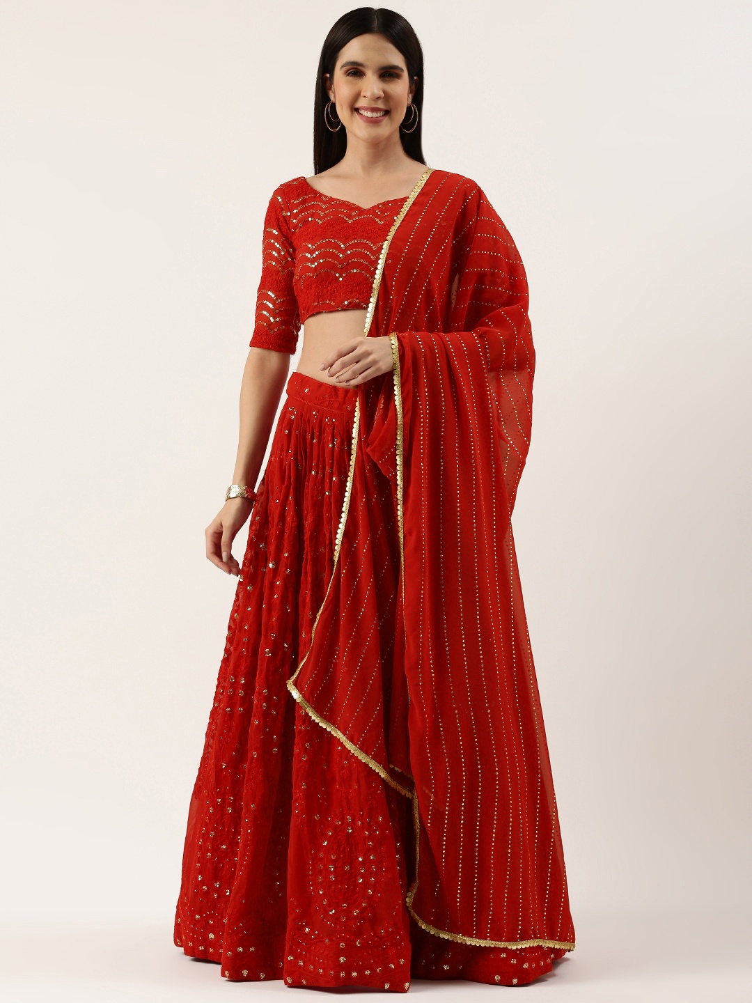 

LOOKNBOOK ART Embroidered Sequinned Semi-Stitched Lehenga & Unstitched Blouse With Dupatta, Red