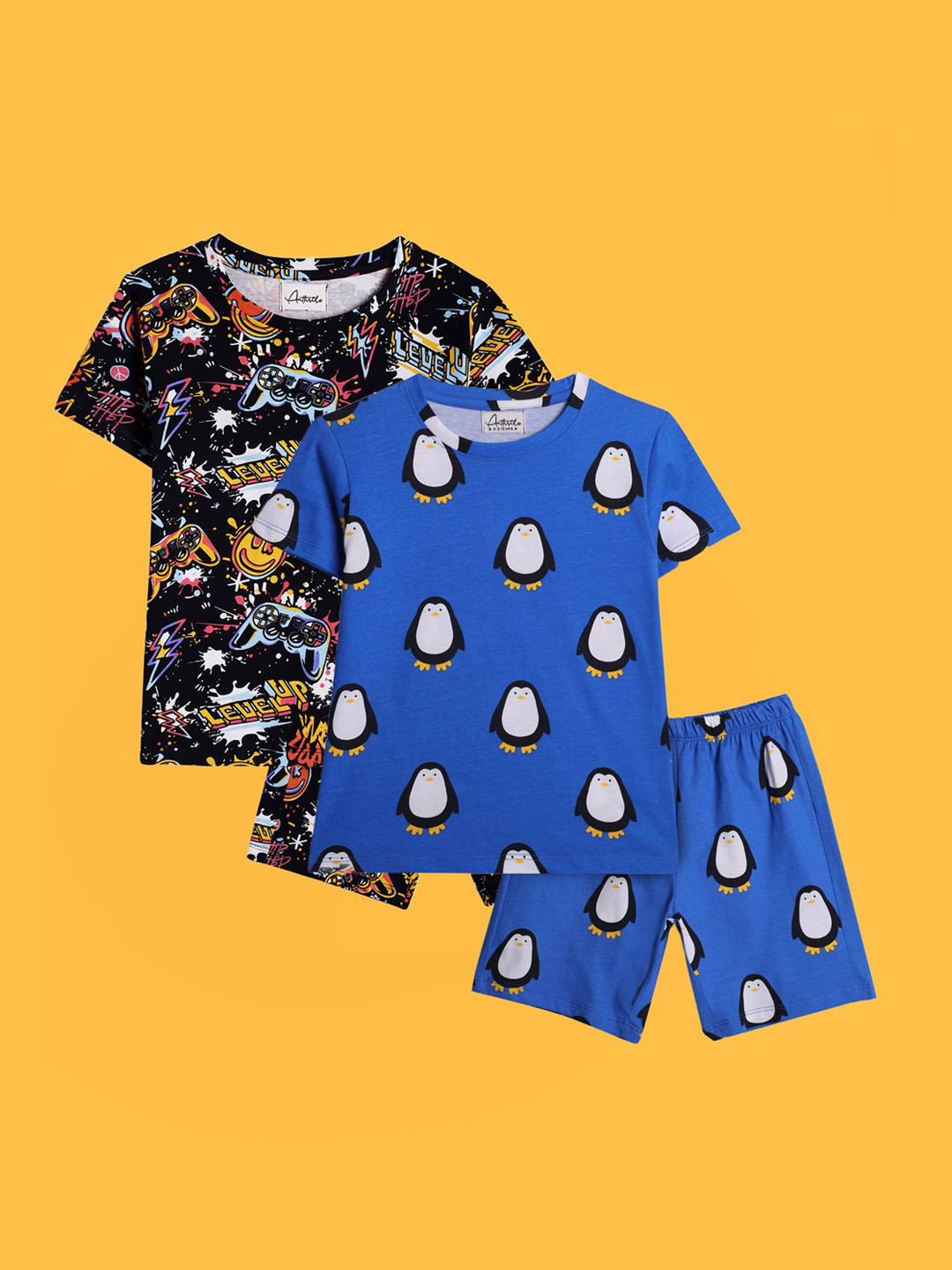 

Anthrilo Boys Pack Of 2 Graphic Printed Pure Cotton Night suit, Black